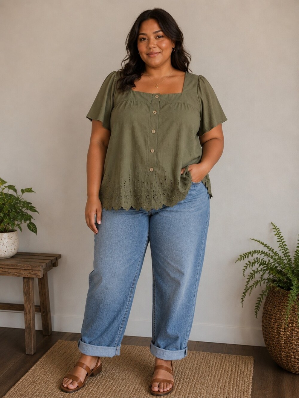 torrid Olive Green Button-Front Ruffle Sleeve Top Size 1 (1X)